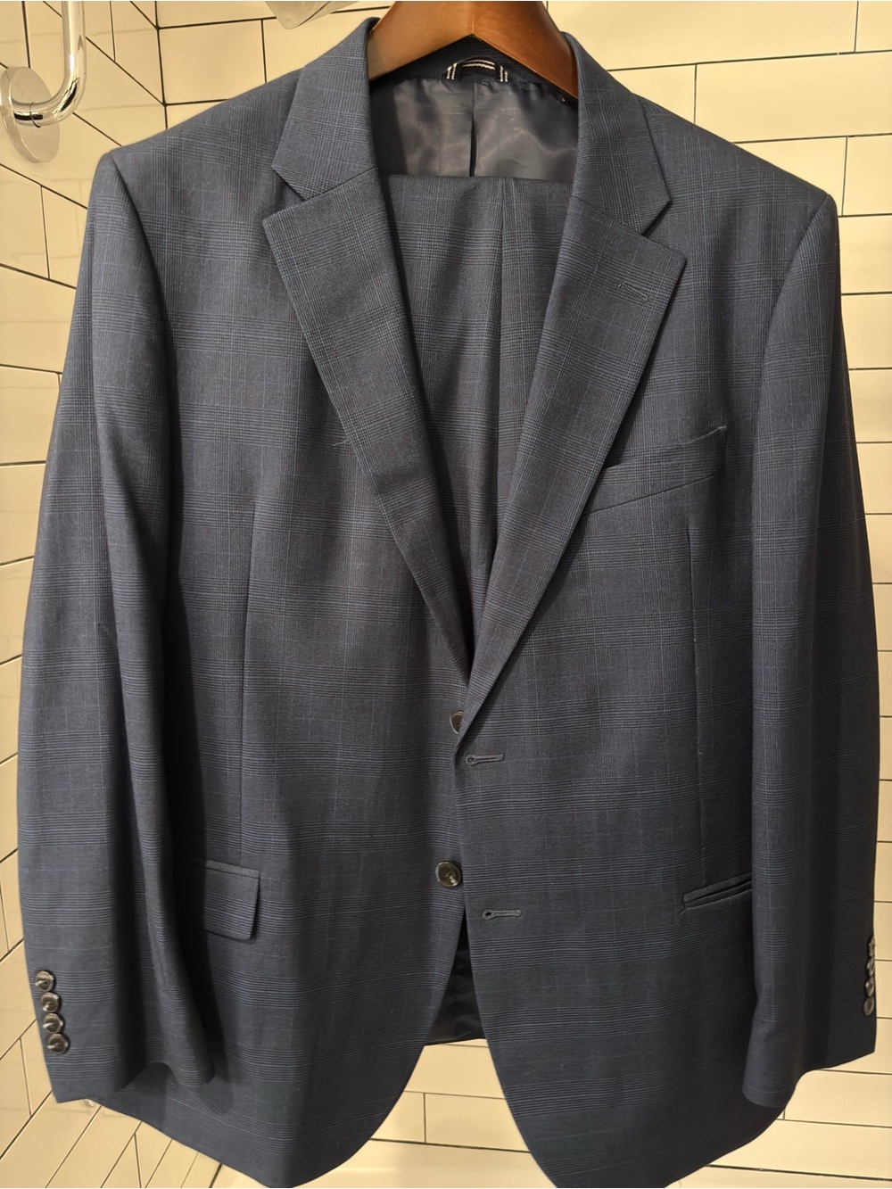 Men's Nautical Navy Windowpane Wool Blend Suit - Modern Fit Jacket & Pants